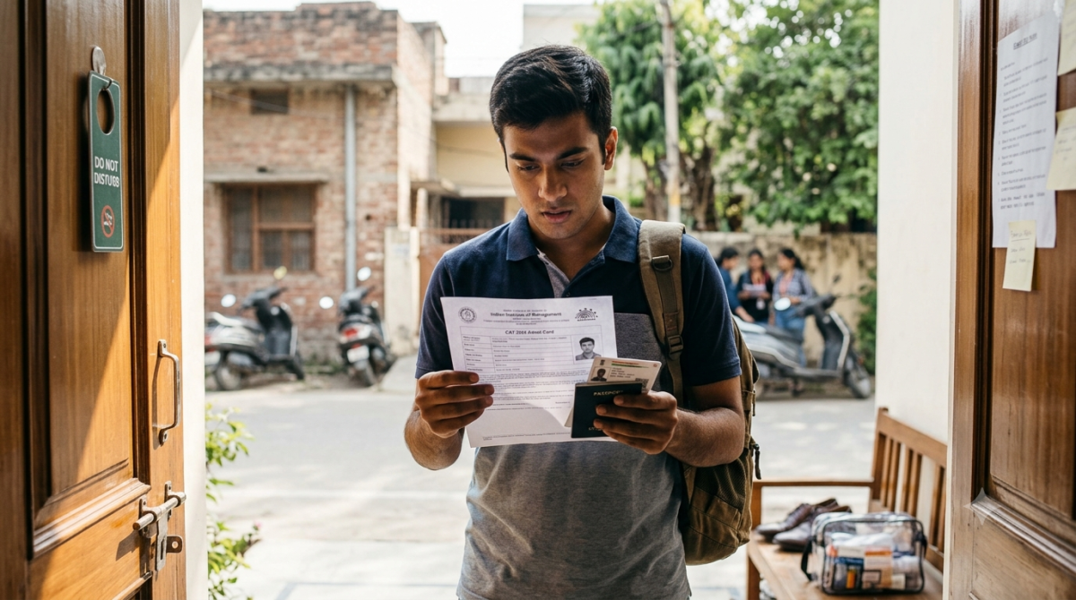 student checking CAT admit card and documents before exam