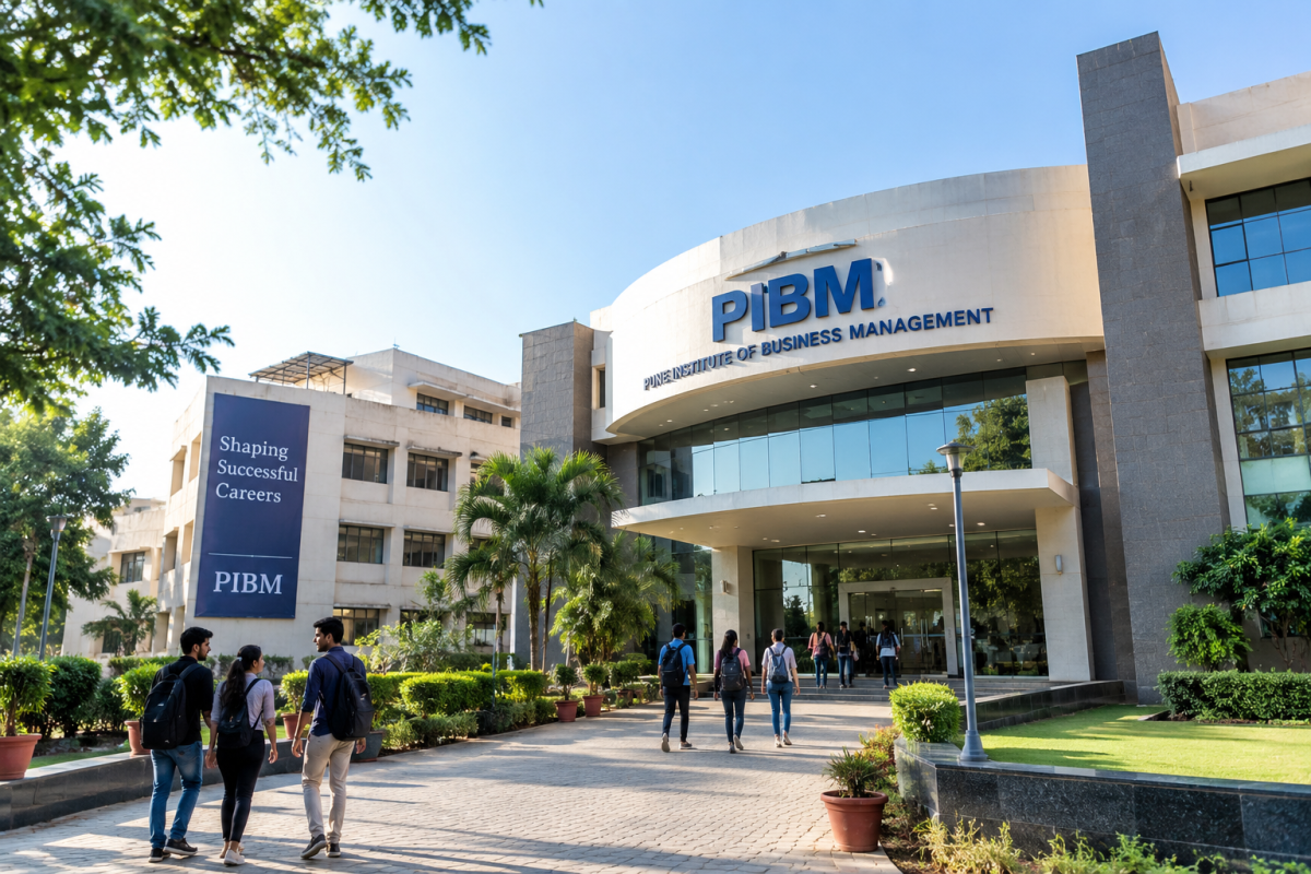 PIBM Pune campus exterior with students walking near the business school building